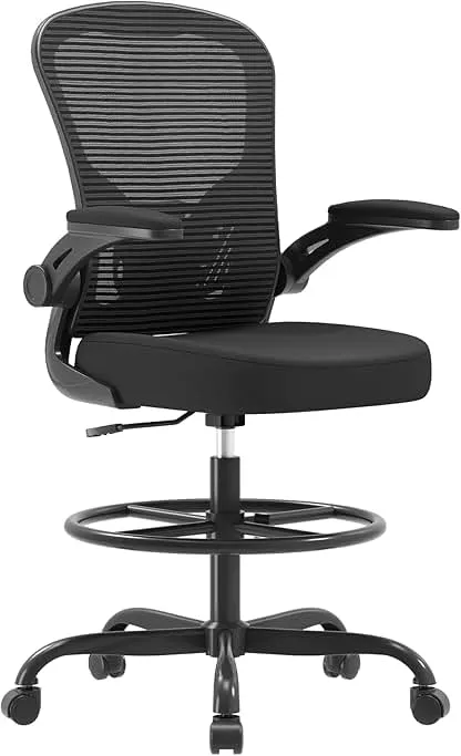 Ergonomic Drafting Chair, Tall Office Chair with Flip-up Armrests, Breathable Mesh High Desk Chair with Lumbar Support Adjustable Footrest Ring for Standing Desk Black Ergonomic Drafting Chair, Tall Office Chair with Flip-up Armr…