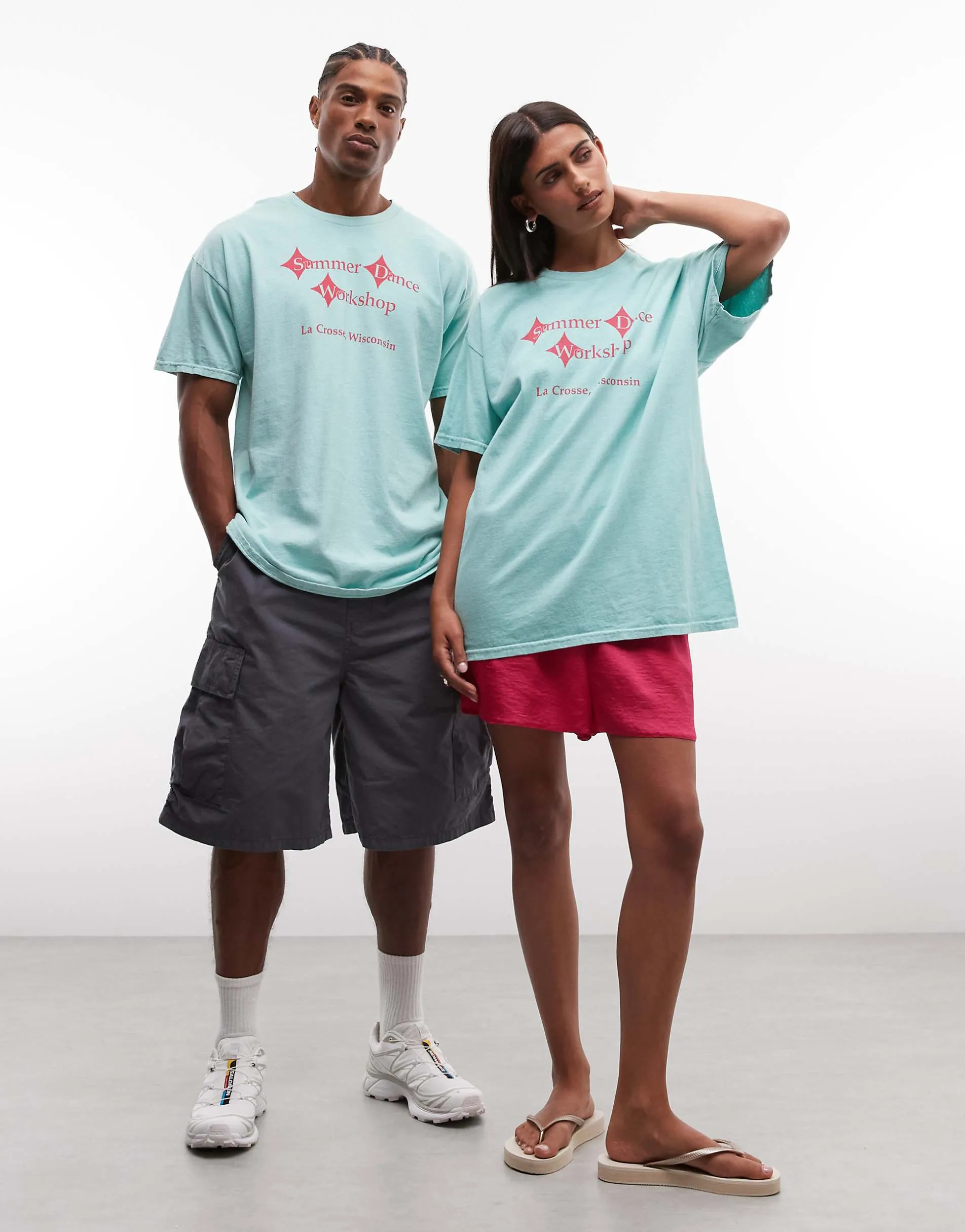 Reclaimed Vintage tee with vintage dance slogan in turquoise