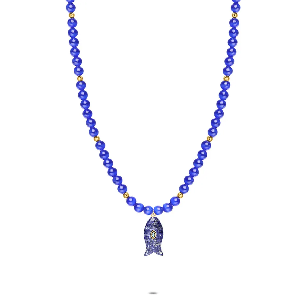 Halsketting in edelstaal, blauwe en gouden kralen