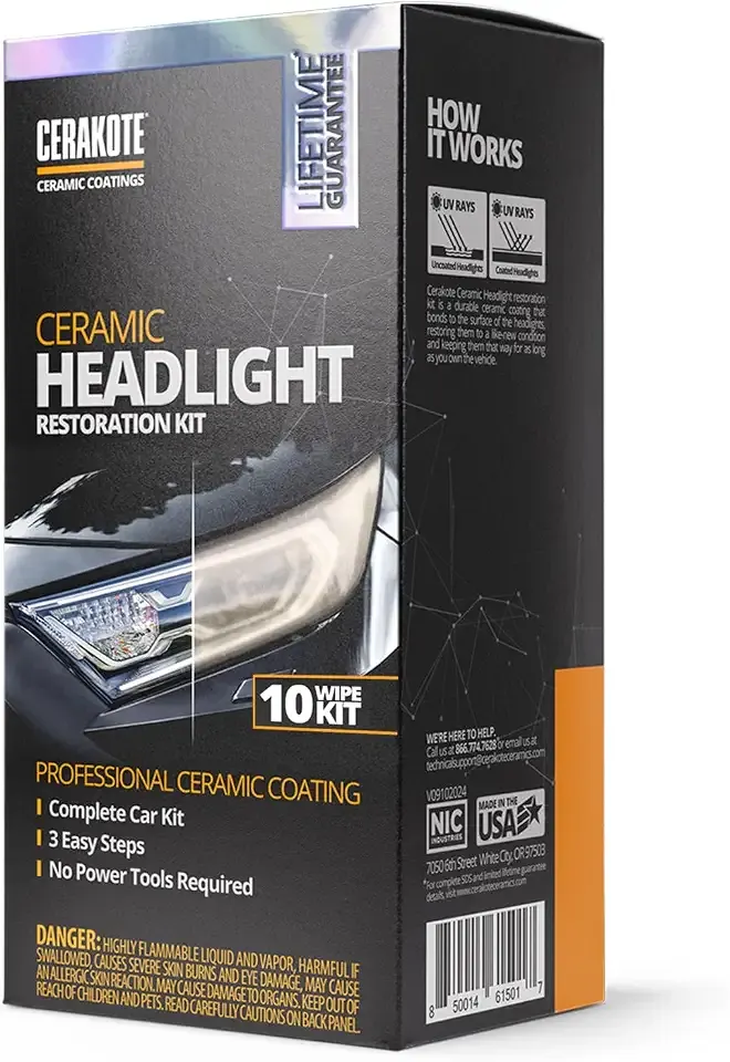 CERAKOTE® Ceramic Headlight Restoration Kit, No Power Tools, 10 Wipe Kit | Restores clouded, yellowed headlights, ceramic UV protection, 3-step wipe system, no power tools needed