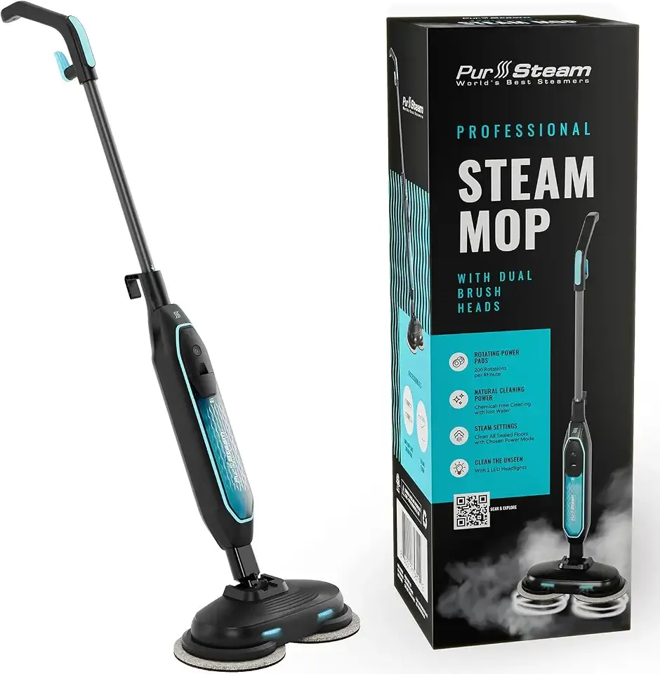 PurSteam ScrubMaster V2 Steam Mop with Dual Scrubbing Head and LED Lights | Dual Scrubbing Head | LED Headlights | Adjustable Steam Control | Anti-Slip Swivel Head | Cable Holder | Upright Lock