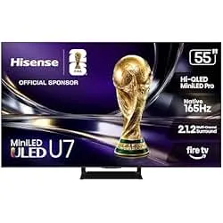 Hisense 55" U7 Mini-LED ULED 4K UHD Best Premium Gaming HDR Smart Fire TV (55U7SF, 2026 New) - Hi-QLED, Native 165Hz, VRR 330, Dolby Vision IQ · Atmos, IMAX Enhanced, Anti-Reflection, 2.1.2 Ch, Alexa+