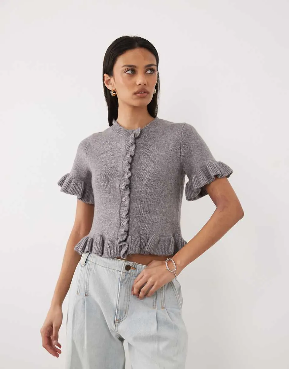 Brave Soul short sleeve cardigan with frill hem in grey
