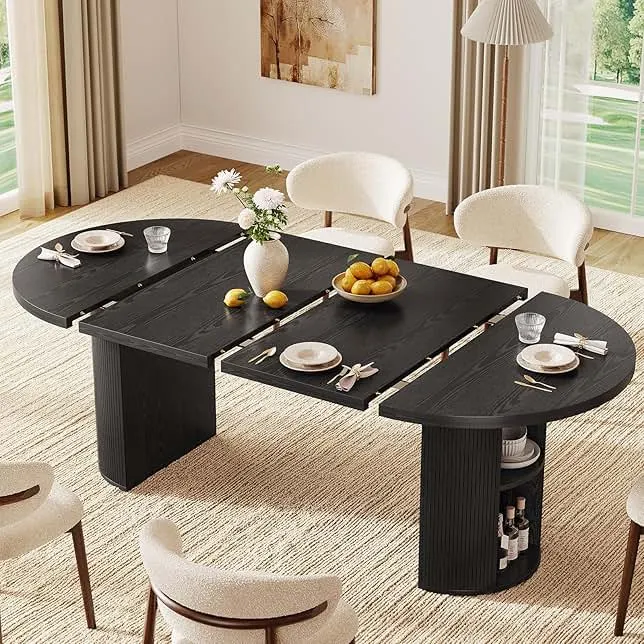 ONBRILL 41-78 Inch Extendable Dining Table for 4-8, Fluted Expandable Kitchen Table with Storage, 2 Leaf, Mid Century Modern Oval Dinner Tables for Dining Room, Kitchen, Living Room, Black
