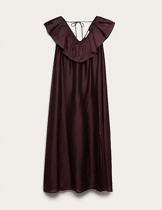 Lässiges Midaxi-Kleid aus Lyocell, mit V-Ausschnitt und Rüschendetail