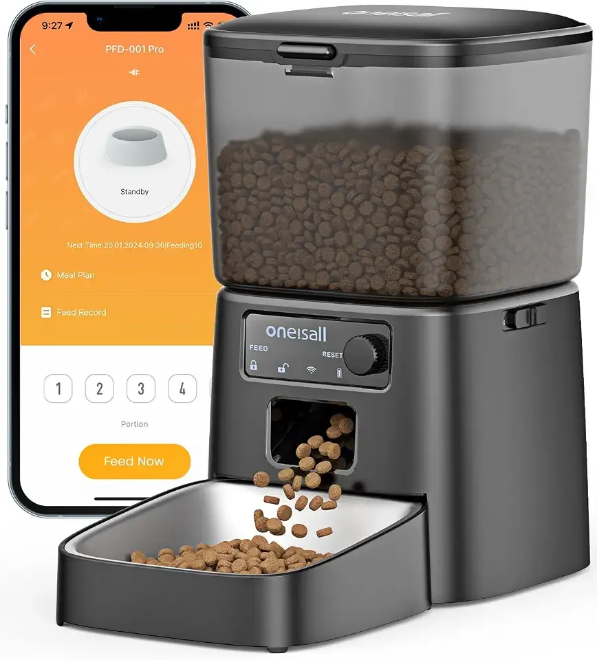 oneisall 2.4 GHz Wi-Fi Automatic Cat Feeder, 3.5L/15 Cups | Timed Meals, Feed Now, Feeding Logs, Slow Feed, Precise Portion, Dual Power Backup, Family Share, Stainless Steel Bowls