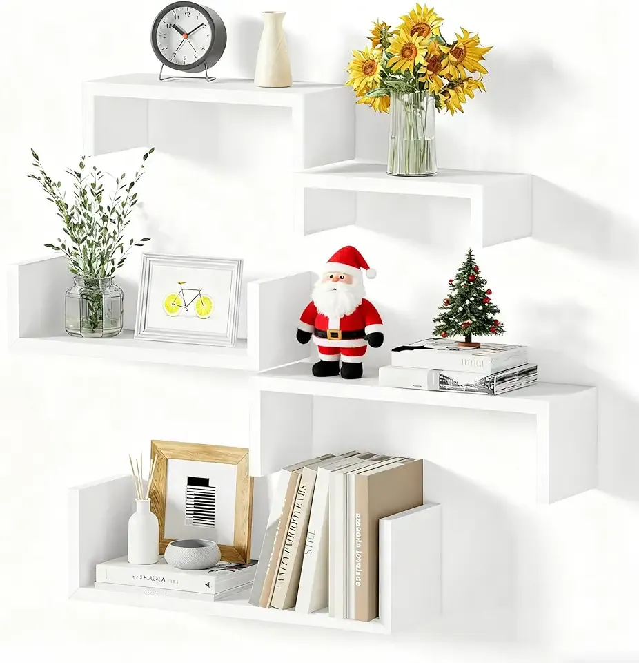 Floating Shelves for Wall, Wall Shelves for Bathroom, Bedroom, Living Room, Kitchen, Office, Wood Shelves for Home Decor Set of 5 (Washed White)