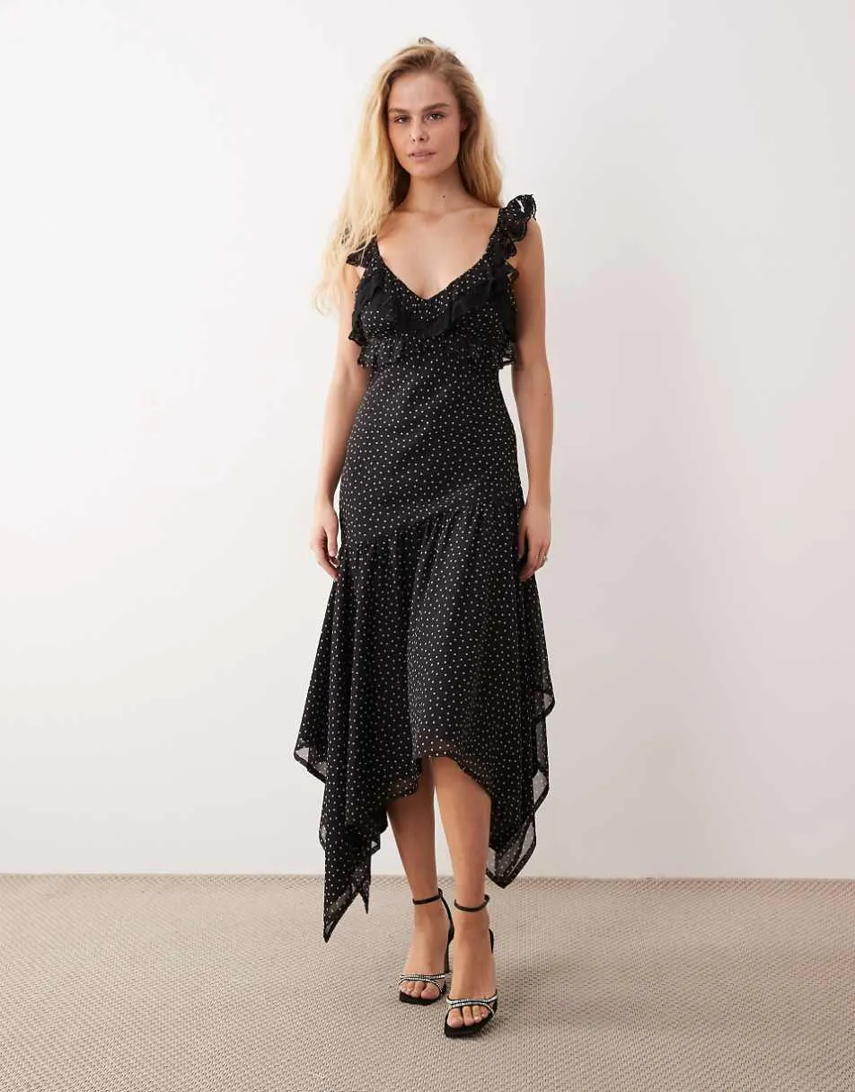 Miss Selfridge ruffle hanky hem chiffon maxi dress in polka dot