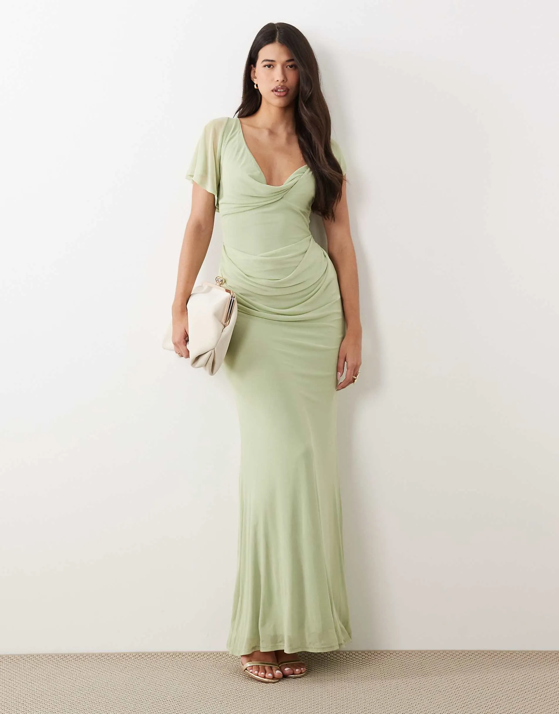 ASOS DESIGN draped mesh asymmetric sleeve maxi dress in sage green