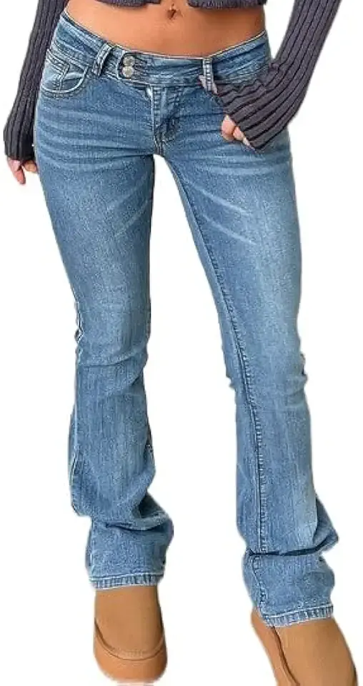 Women's Stretch Low Rise Double Button Elastic Skinny Vintage Flare Jeans