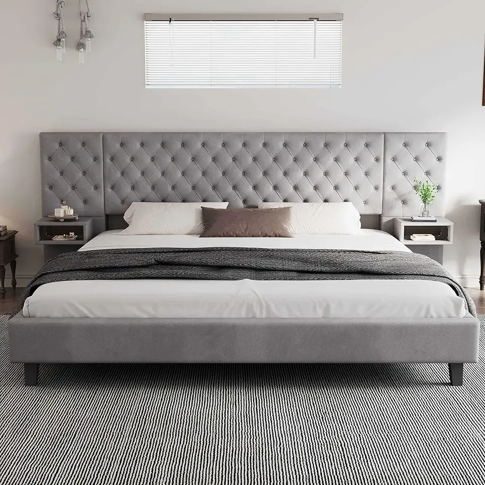 Merax King Size Velvet Upholstered Platform Bed Frame, 2 Built-in Nightstands, Wingback Headboard Diamond Tufting, No Box Spring Needed, for Master Bedroom, Guest Room, Grey