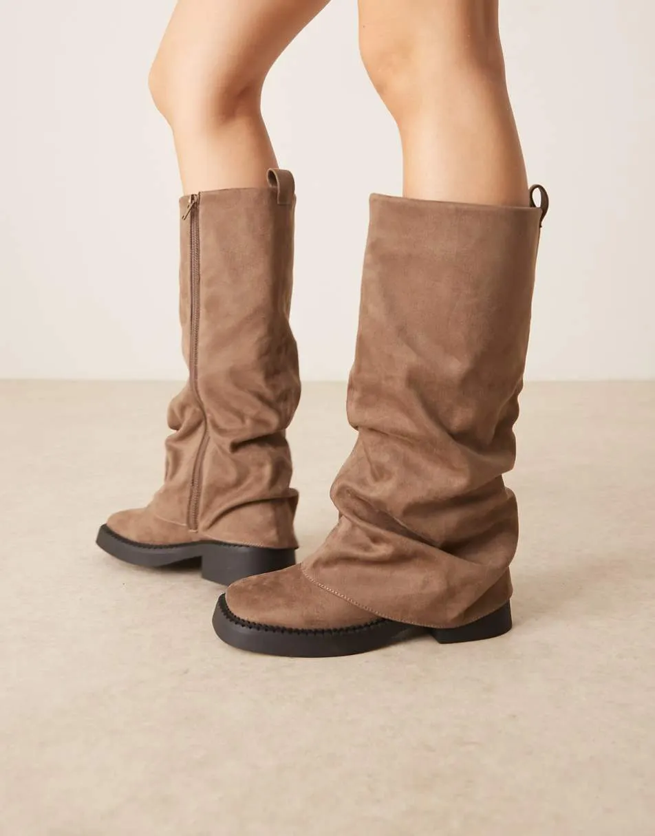 ASOS DESIGN Caden chunky fold over flat knee boot in beige suedette