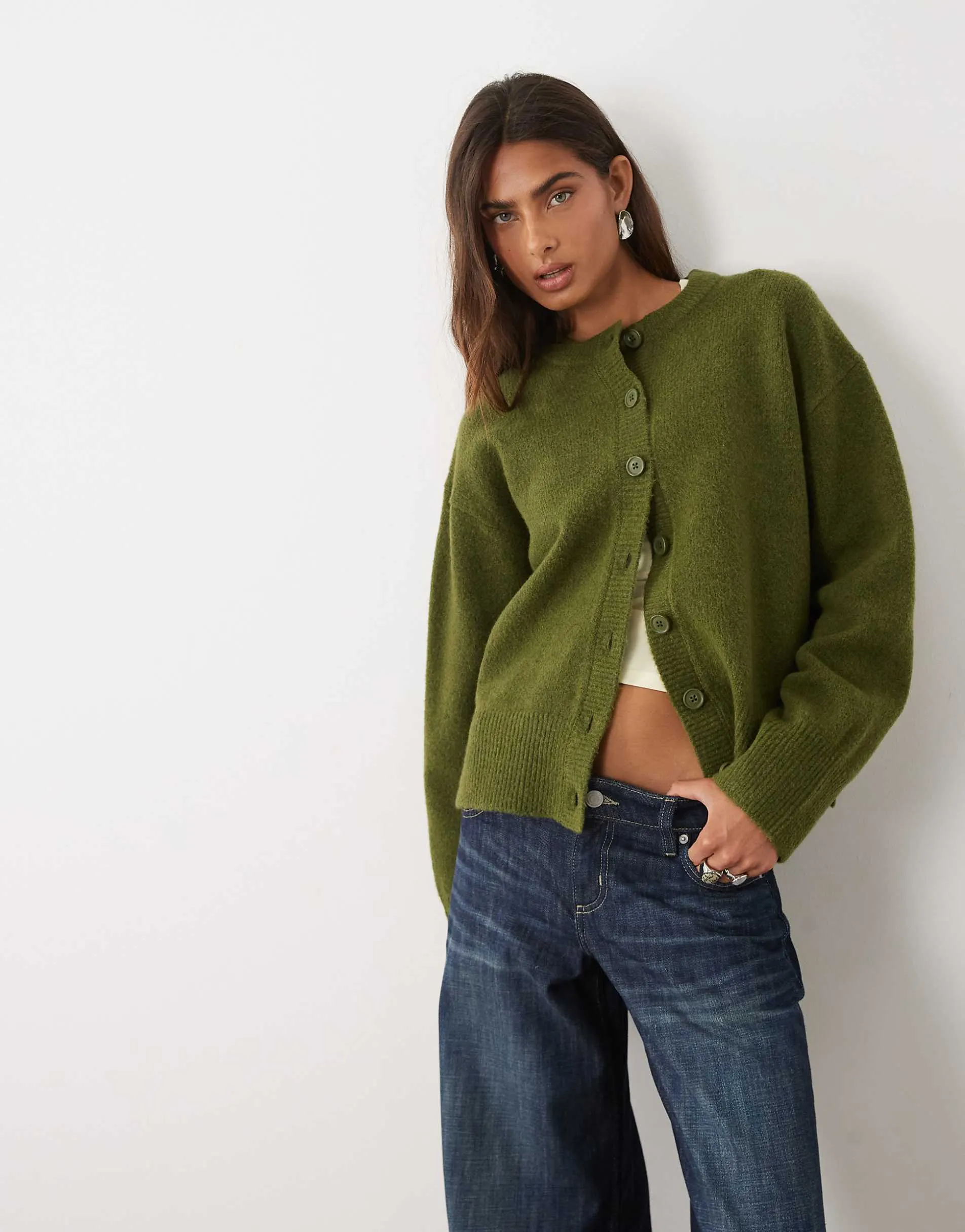 ASOS DESIGN relaxed cardigan with side split detail in olive