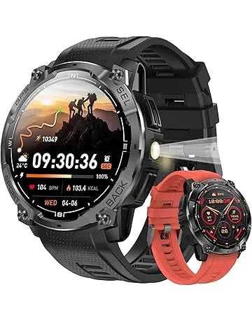 Rugged Military Smart Watch for Men with GPS, 1.43'' AMOLED Fitness Tracker Watch with Bluetooth Call/Flashlight/Compass, 170+ Sports Modes Waterproof Mens Smartwatch for Android iPhone