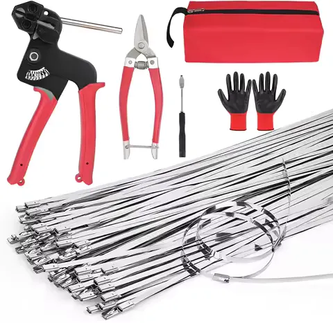 155Pcs Heavy Duty Metal Zip Tie Gun Kit Assorted 3 Sizes Stainless Steel Cable Ties With Tension Cut Hand Tool for Fencing Chicken Coop Cable Management Exhaust Pipe Fixing Reinforcement