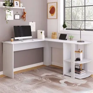 Escritorio de Esquina de 140 CM con 2 Estantes, Escritorio Informático en Forma de L Blanca, Espacio de Almacenaje Óptimo para Oficina en Casa