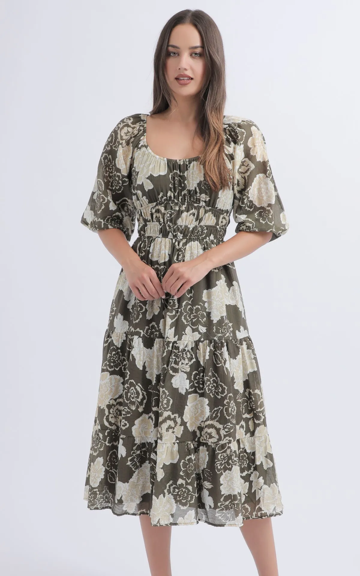 Voile Ruched 3/4 Slv Midi Dress