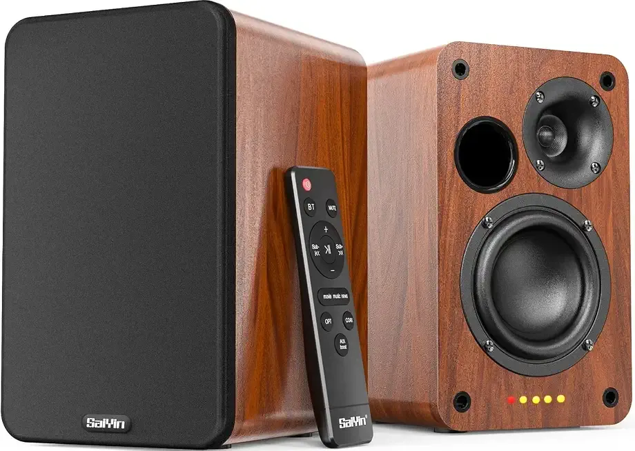 Saiyin Powered Bluetooth Bookshelf Speakers | 30W*2, 3.75 Inches Woofer, Bluetooth/Optical/Auxiliary/RCA Inputs, TV/Turntable/Record Player/Computer/PC