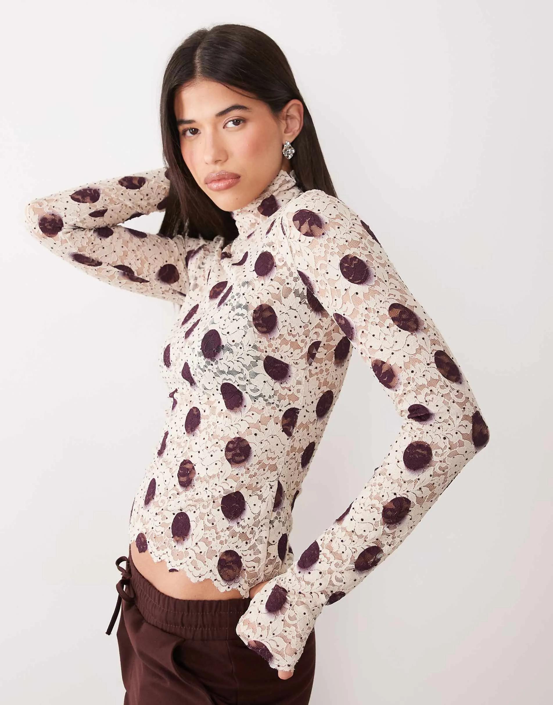 AFRM Zadie mesh turtleneck long sleeve top in brown polka dot