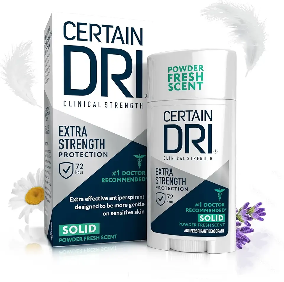 Certain Dri Extra Strength Clinical Solid Antiperspirant, 72-Hour Sweat & Odor Protection for Hyperhidrosis, Maximum-Strength, Powder Fresh Scent, 1.7 oz, (Pack of 1)