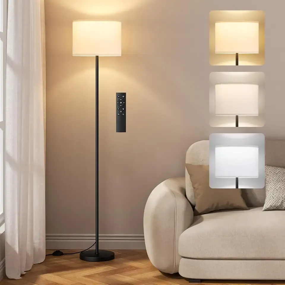 Ambimall Dimmable Floor Lamp with Remote, 9W 900LM LED Bulb Included | White Shade Black Pole, Lamps for Living Room Bedroom