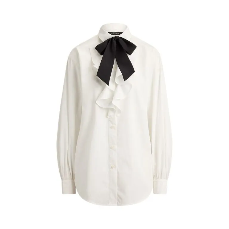 Ruffle-Trim Broadcloth Tie-Neck Shirt - Hvit