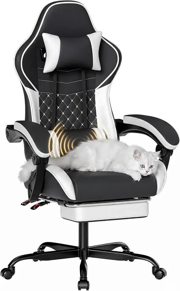 Video Gaming Chair, Ergonomic Computer Chair with Massage Lumbar Support, 90°-135° Reclining High Back Gaming Chair with Footrest, Adjustable 360° Swivel PU Leather Office Chair for Adults Blackwhite