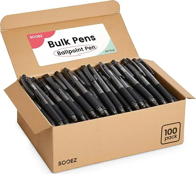 Sooez 100 Pack Bulk Pens Ballpoint, Smooth Writing Pens with Soft Grip, Retractable Black Ink Pen, Medium Point 1.0mm Pens for Journaling, Long Lasting Office Supplies for Nurse,Server, Note Taking