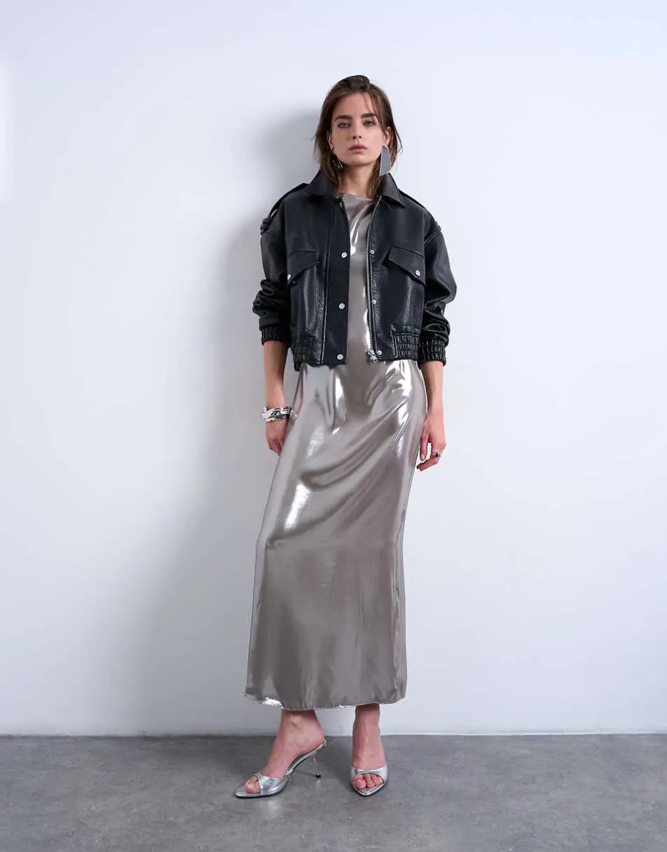 Topshop metallic midiaxi dress with silver hardware in silver