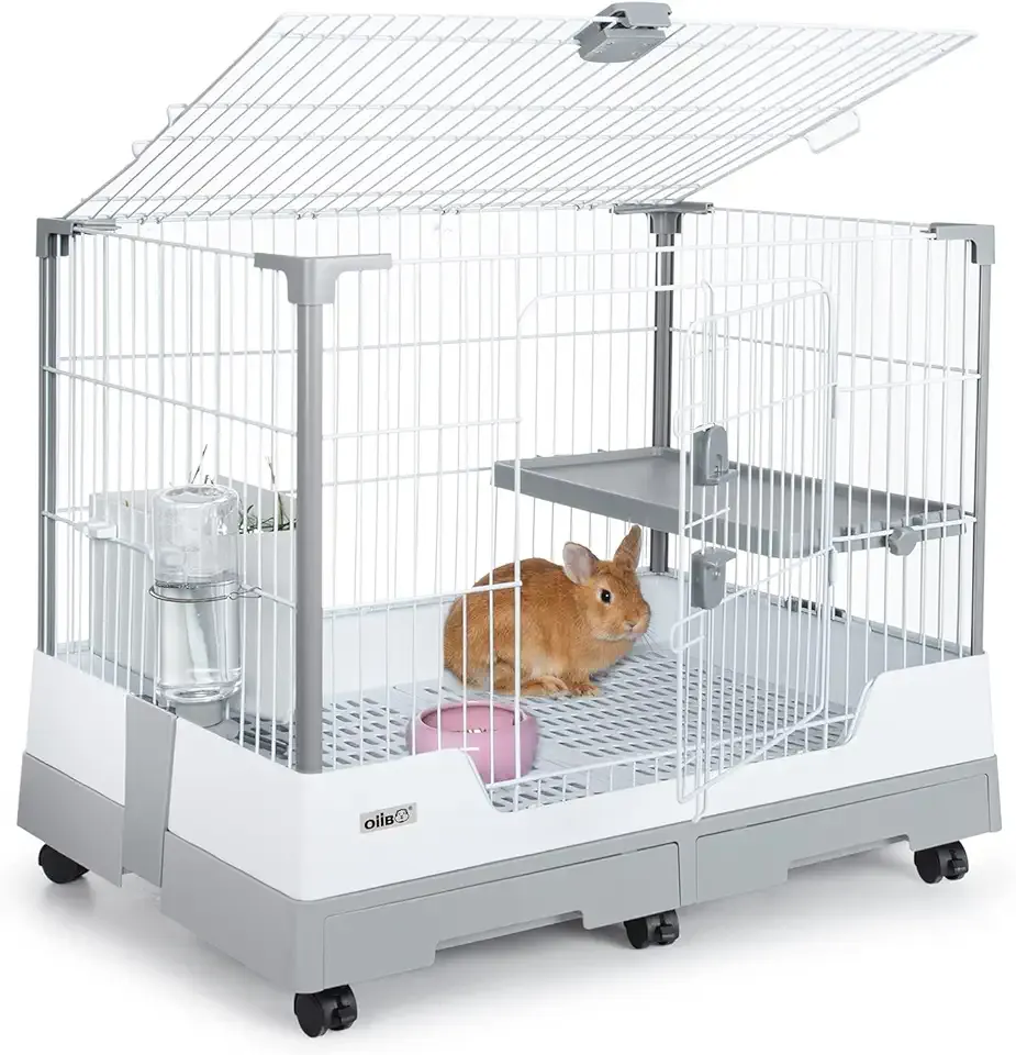 Deluxe Rabbit Cage, 32" × 21" × 26" Large Space Bunny Cage Foldable Small Animal Cage with Pull Out Tray and Caster Platform, Professional Household Anti-Spray Urine Rabbit Cage Hutch Indoor