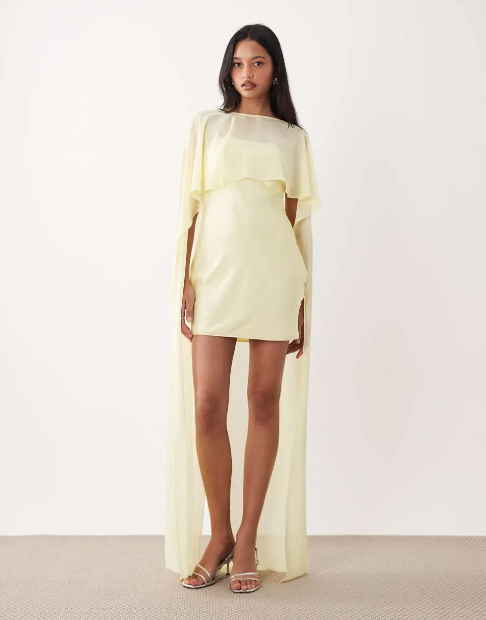 TFNC satin mini dress with mesh cape and skirt in butter yellow