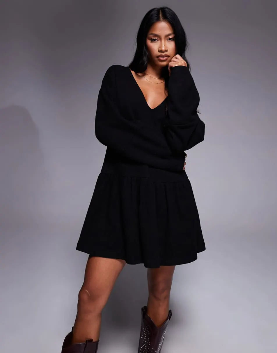 ASOS DESIGN supersoft V front dropped waist mini dress in black