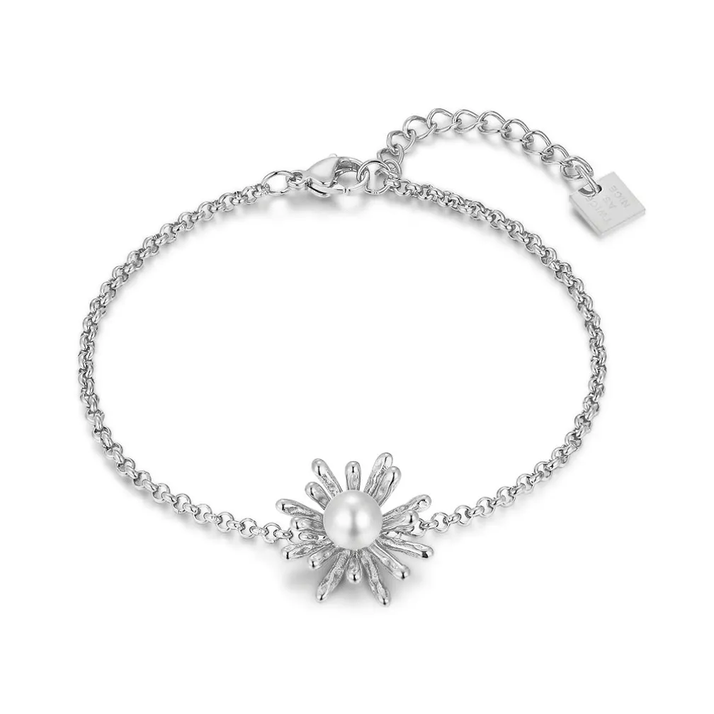 Armband in edelstaal, bloem met parel