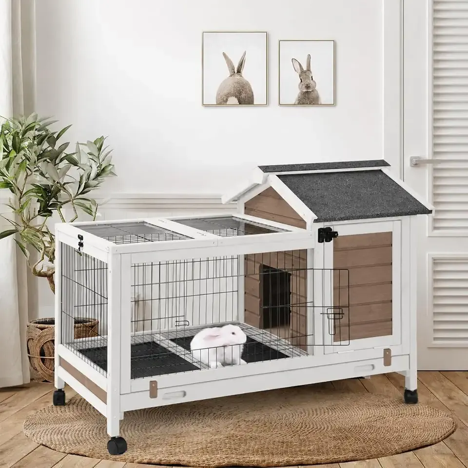 Rabbit Hutch Indoor Bunny Cage Outdoor Wood House with Wire Mesh,Brown | Openable Asphalt Roof Rabbit Cage, Bunny Hutch With Run&Wheels, 5 Access Areas, Pull-Out Tray, Natural Fir Frame,Small Animal