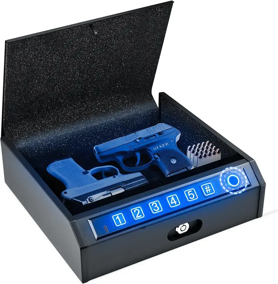 ADIMO Hand Gun Safe, Biometric Gun Safe for Handgun, Pistol with 3 Quick-Access Way Fingerprint/Keypad/Key, SafeBox w/Mute Function for Secure Storage for Bedside Nightstand Car