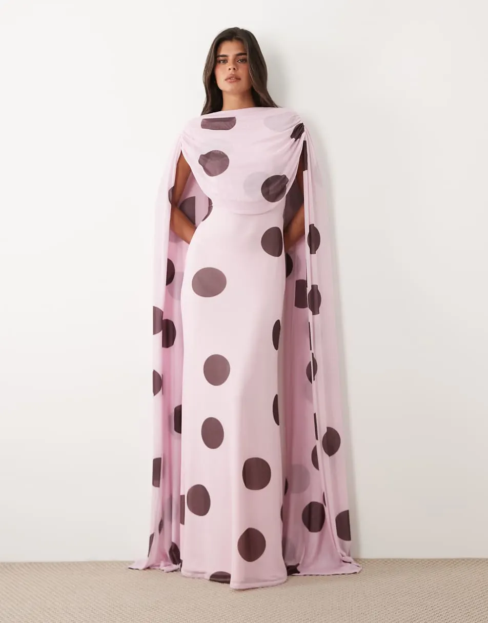 ASOS DESIGN mesh maxi dress with scarf drape detail in pink and brown polka dot
