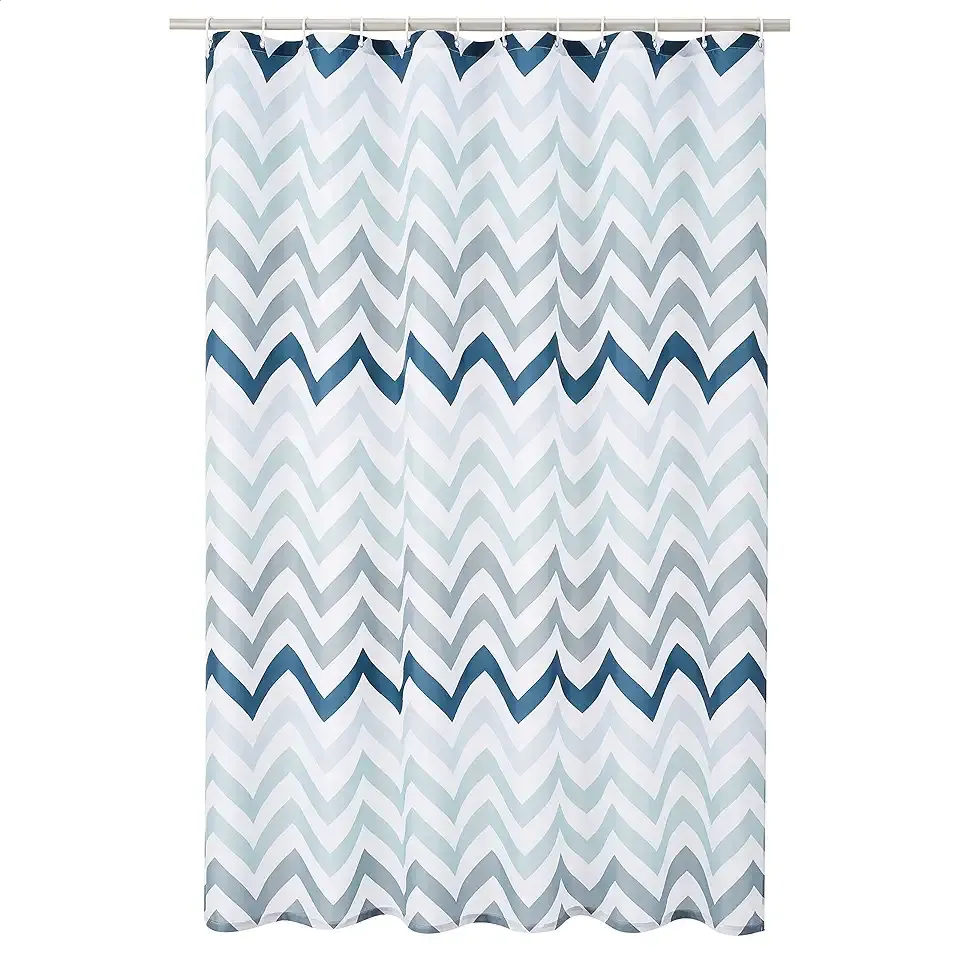 Amazon Basics Bathroom Shower Curtain, Water Resistant Fabric with Weighted Hem, Grommets & Hooks, Machine Washable, 72"x72", Blue Ombre Chevron