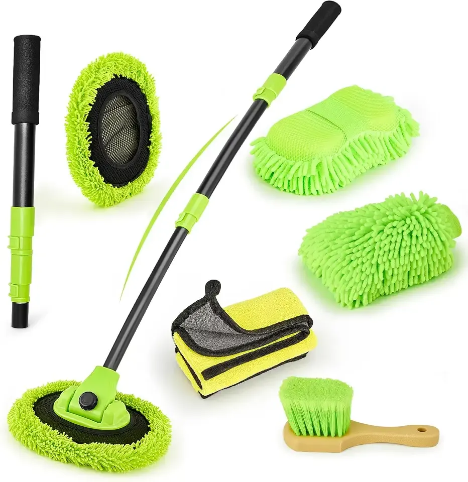 Car Wash Brush with Long Handle - Extendable Car Wash Mop & Sponge | 15° Curved Labor-Saving,Scratch Free Soft Brush,Replacable Head, for Truck SUV Cleaning