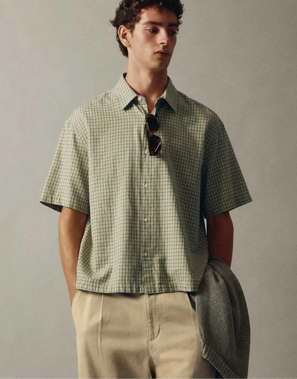 Pull&Bear Short sleeve check shirt in green/ecru