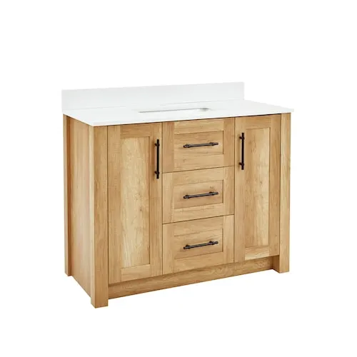 Farley 42-inch Vanity with Double-Doors and 3 Drawers in Natural Wood Finish and White Artificial Stone Vanity Top