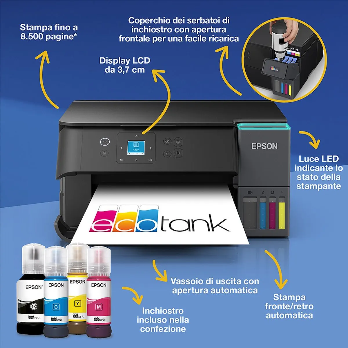 EPSON - EcoTank ET - 2951 Stampante Inkjet Multifunzione A4, serbatoi ricaricabili, 3 anni inchiostro inclusi, 30€ cashback*