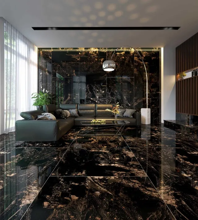 Suelo/Azulejo porcelánico efecto mármol oro negro MAGNIFIQUE Full lappato int/ext l.120 x L.60 cm