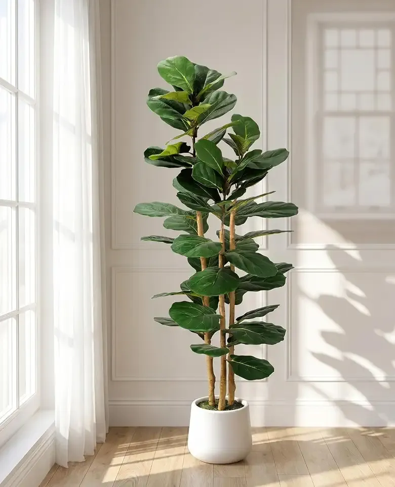 Artificial Fiddle Leaf Fig Tree in Modern White Planter, 5ft | Large Fake Tree with 3 Sturdy Trunks, Fake Plants with Moss, Lifelike Tall Artificial Plants Indoor for Office Home Decor