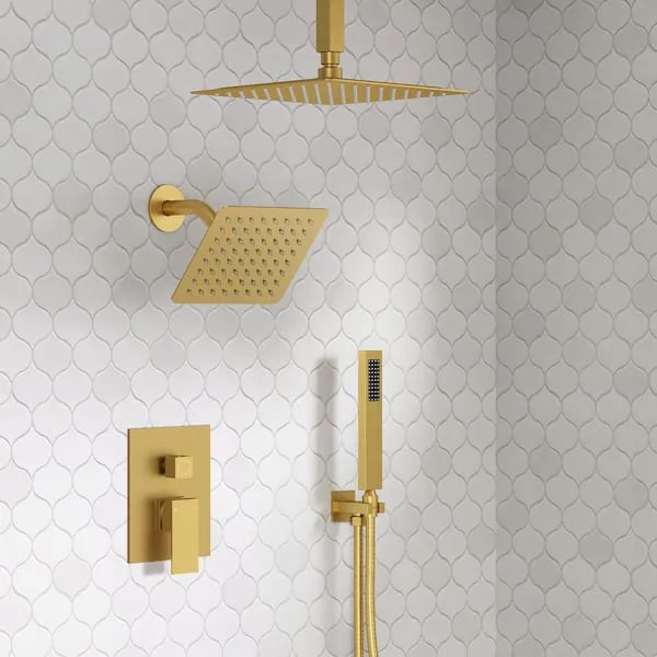 YAWWALK 3-​Spray Ceiling Mount 10 and 6 in.​ Dual Shower Head and Handheld Shower Head 2.​5 GPM in Brushed Gold (Valve Included)​
