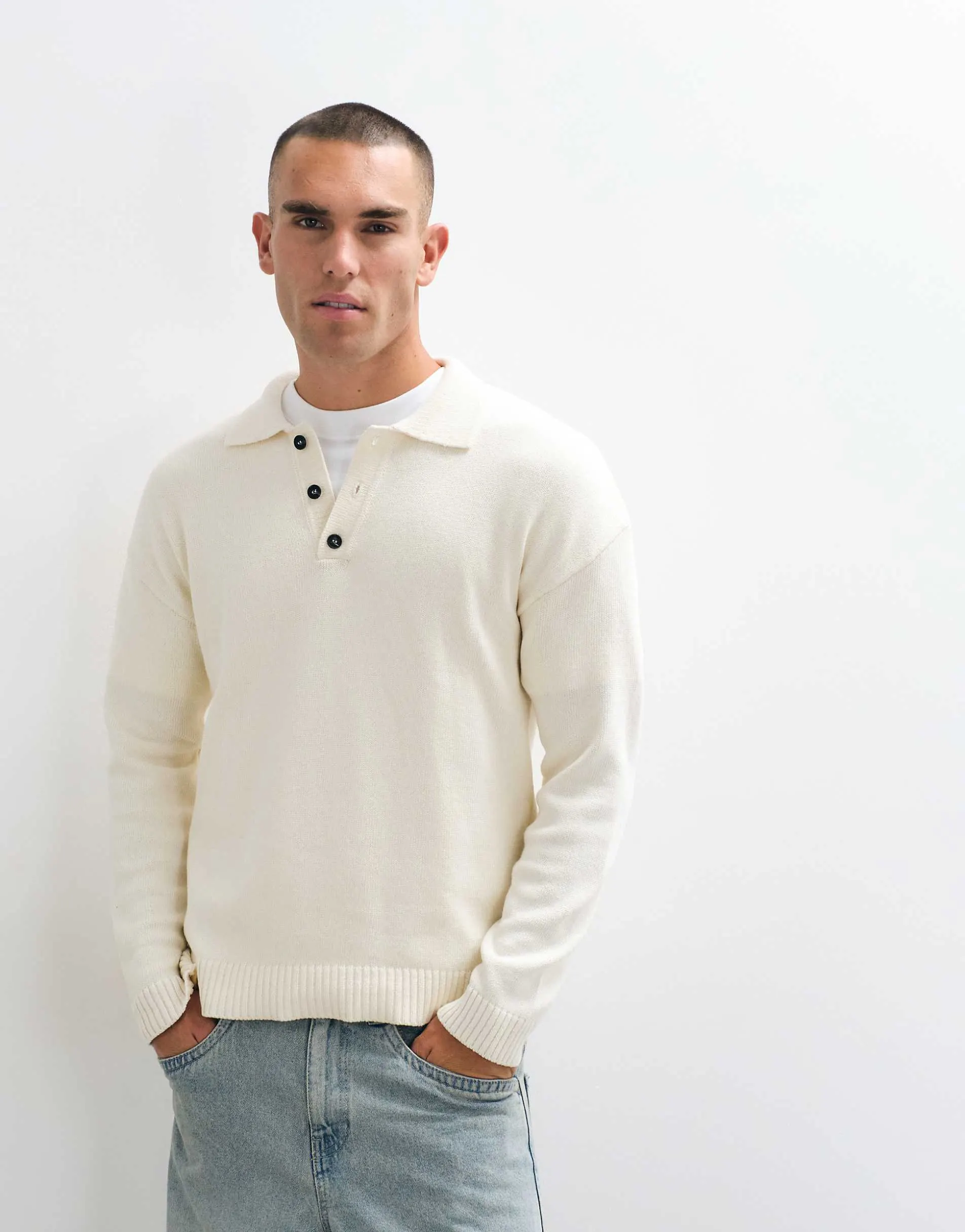 CAPO premium knitted long sleeve polo shirt in cream