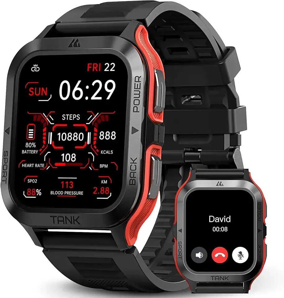 AMAZTIM Smart Watch, 60 Days Extra-Long Battery, 50M Waterproof, Rugged Military Bluetooth Call(Answer/Dial Calls), 1.85" Ultra Large HD Display, AI Voice Assistant, Compatible for Android and iOS-Red