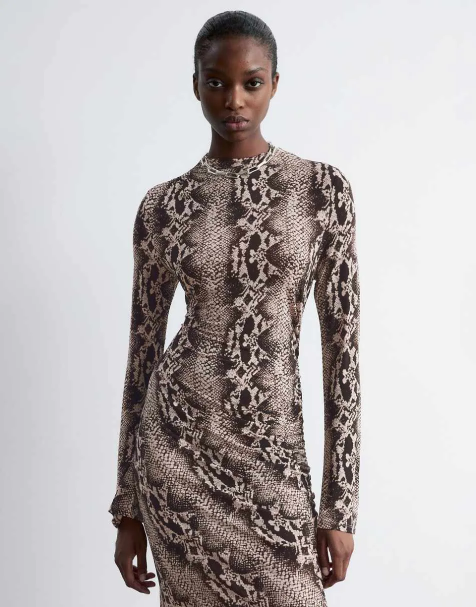 & Other Stories jersey long sleeve midaxi dress with side ruche detail in brown snake print