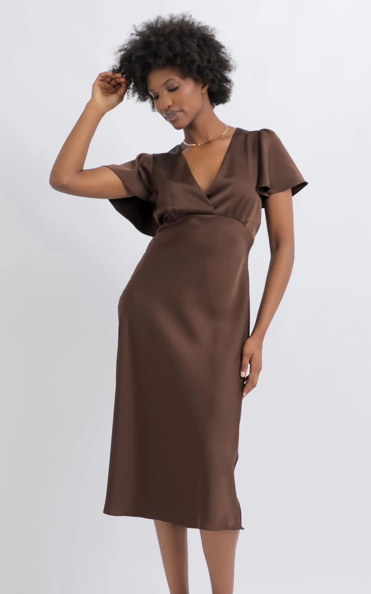 Satin Flutter Sleeve Midi Dress