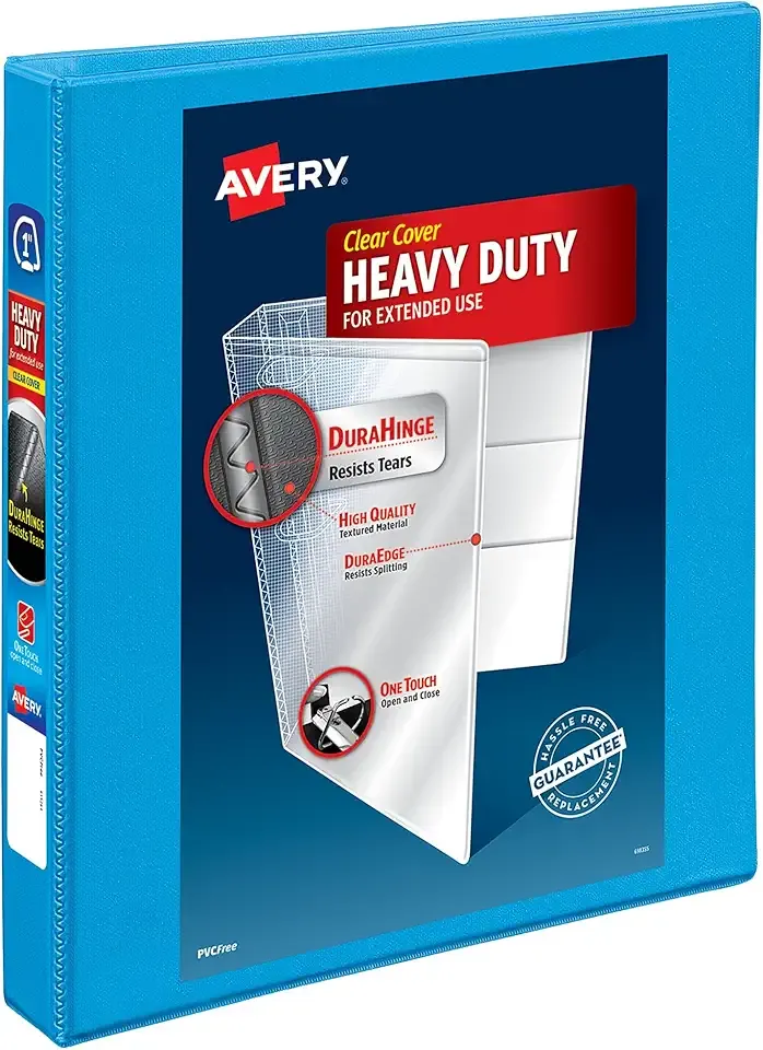 Avery Heavy-Duty View 3 Ring Binder, 1" One Touch Slant Rings, Holds 8.5" x 11" Paper, 1 Light Blue Binder (05301)