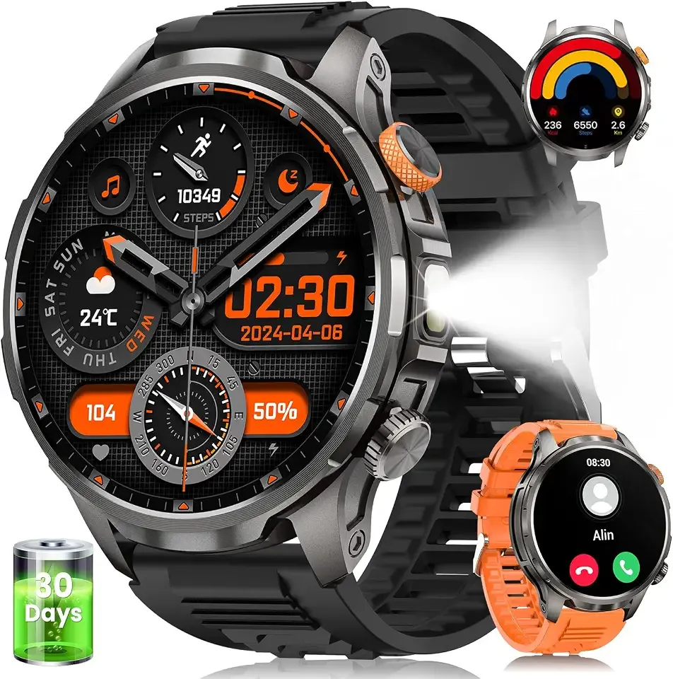 Military Smartwatch for Men 1000mAh Fitness Tracker Rugged Men Watch 2Bands